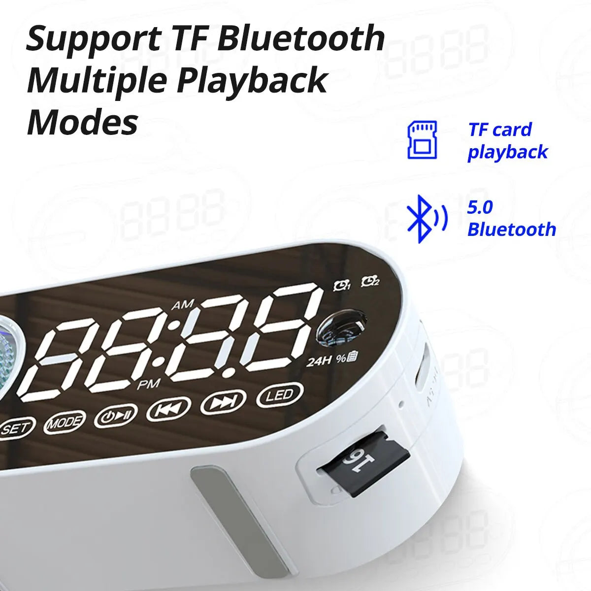 RGB Bluetooth Speaker & Digital Alarm Clock – LED Mirror Display with USB & FM Radio