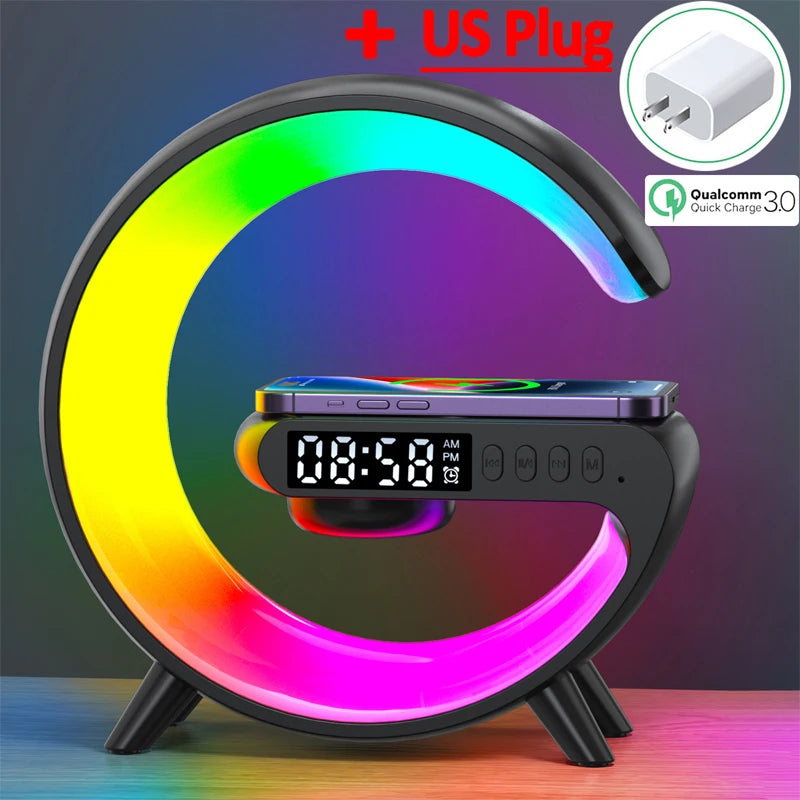 RGB Night Light Lamp Multifunction Alarm Clock TF Blueotooth Speaker 15W Wireless Charger Station Pad For iPhone 15 14 13 12 8