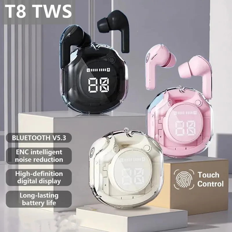 T8 Pro Transparent Bluetooth Earbuds – Wireless In-Ear Headphones with LED Display