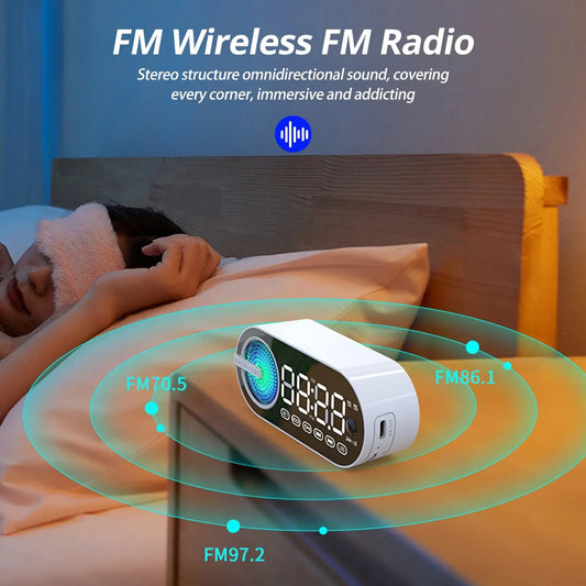 RGB Bluetooth Speaker & Digital Alarm Clock – LED Mirror Display with USB & FM Radio