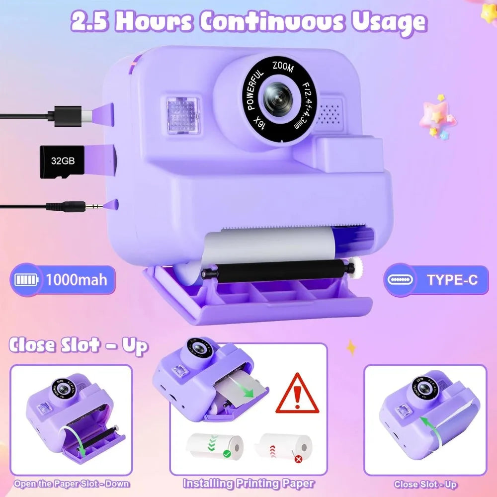 Kids’ Instant Print Digital Camera – 1080P Educational Thermal Camera with 32GB Card