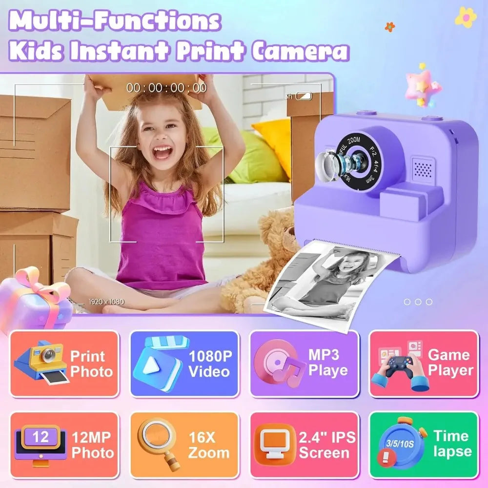 Kids’ Instant Print Digital Camera – 1080P Educational Thermal Camera with 32GB Card