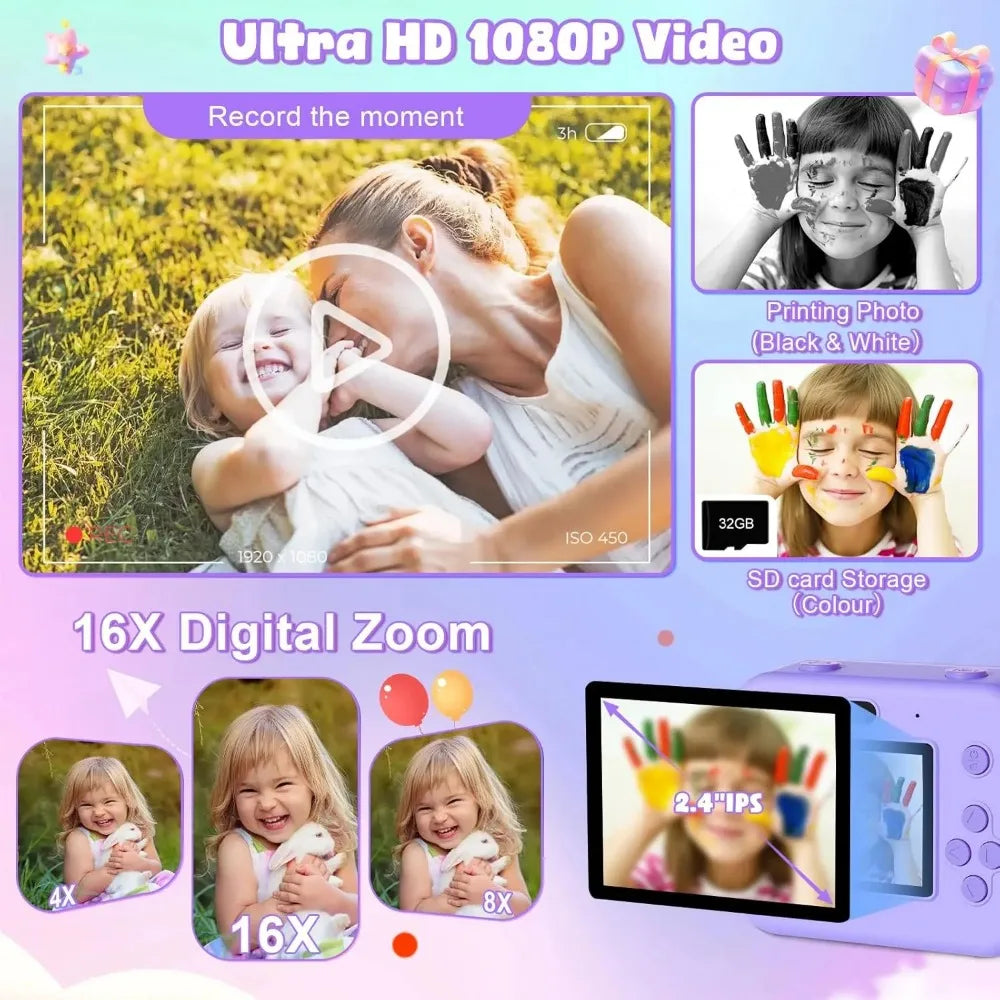 Kids’ Instant Print Digital Camera – 1080P Educational Thermal Camera with 32GB Card