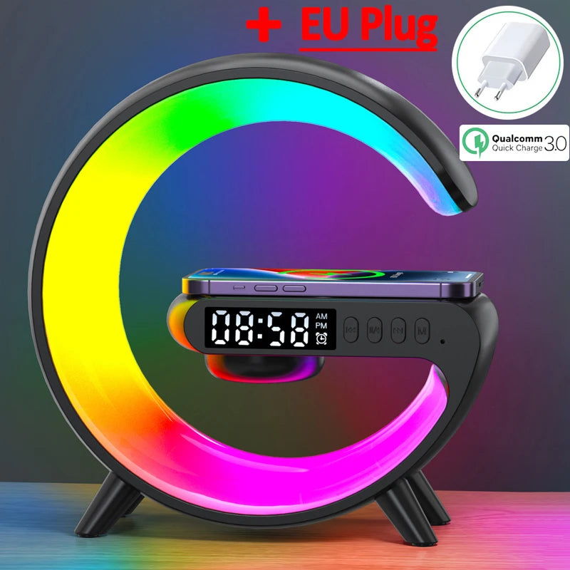 RGB Night Light Lamp Multifunction Alarm Clock TF Blueotooth Speaker 15W Wireless Charger Station Pad For iPhone 15 14 13 12 8