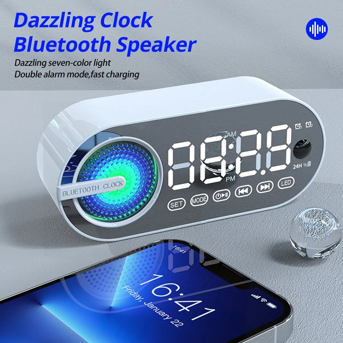 RGB Bluetooth Speaker & Digital Alarm Clock – LED Mirror Display with USB & FM Radio