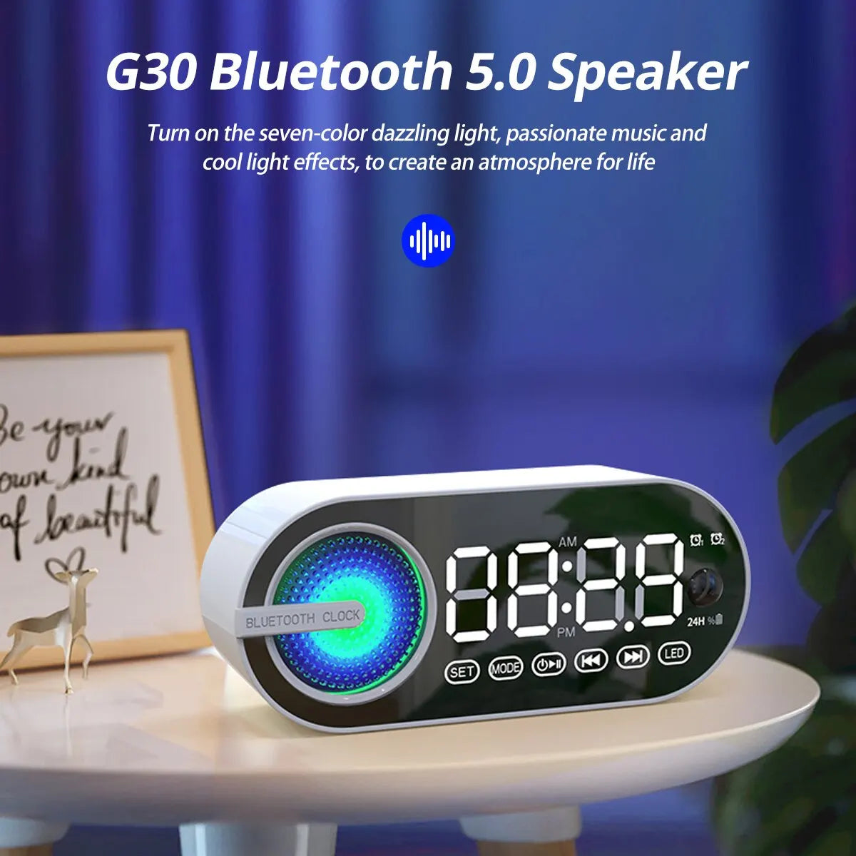 RGB Bluetooth Speaker & Digital Alarm Clock – LED Mirror Display with USB & FM Radio