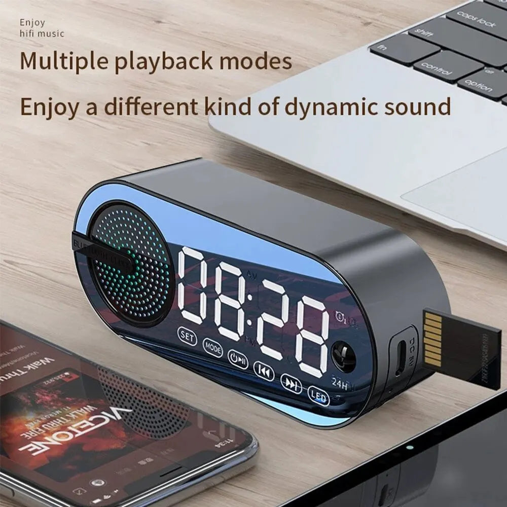 RGB Bluetooth Speaker & Digital Alarm Clock – LED Mirror Display with USB & FM Radio