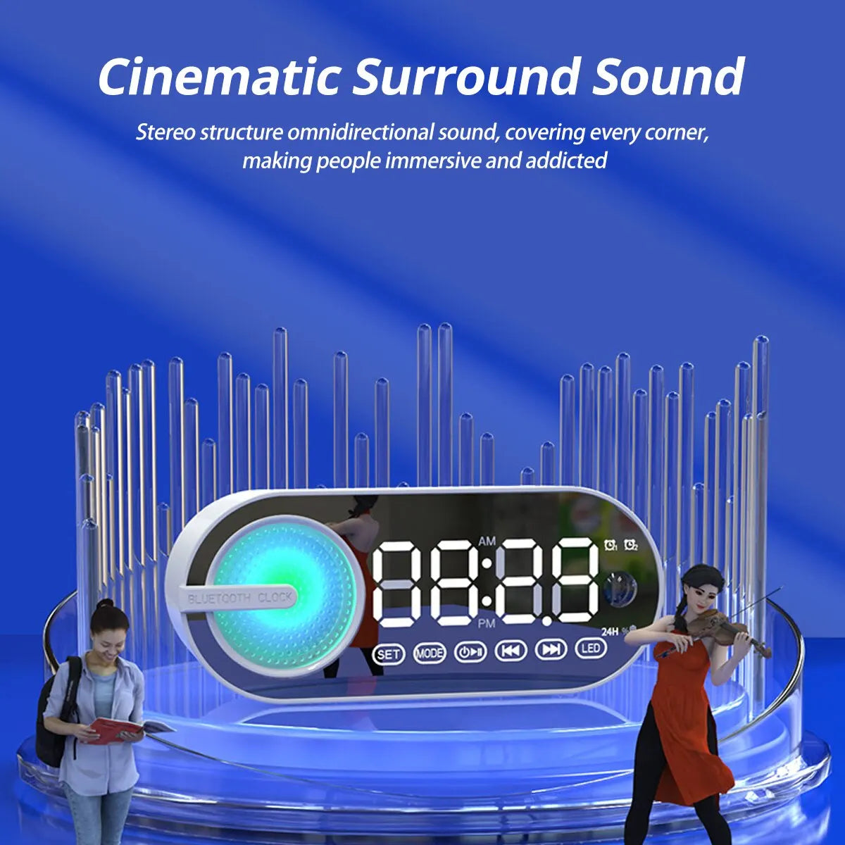 RGB Bluetooth Speaker & Digital Alarm Clock – LED Mirror Display with USB & FM Radio